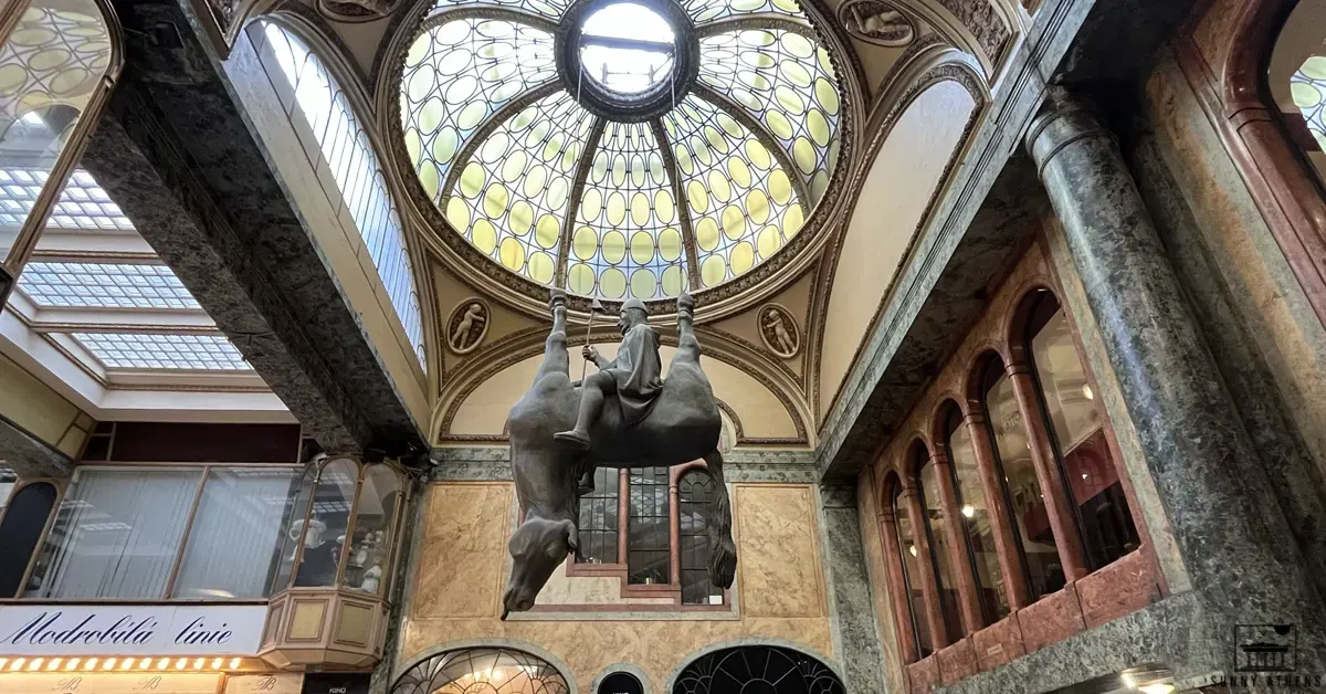 Hanging statue in Lucerna Passage