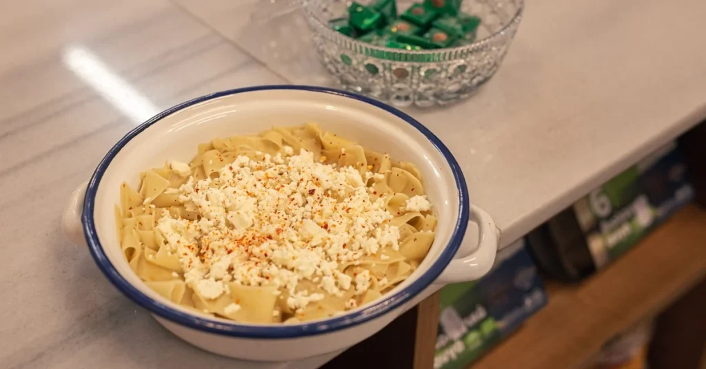 Xilipotes with feta cheese. A traditoonal pasta plate in Athens.