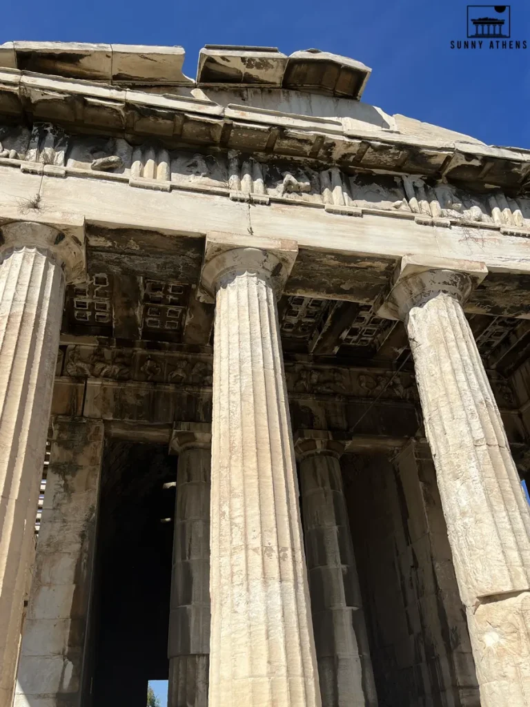 Close-up of the Temple of Hephaestus in Athens, showcasing the Doric columns.