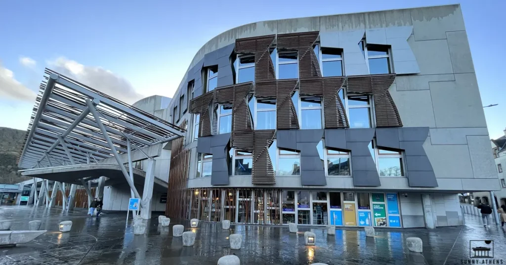 The innovative facede of the Scottish Parliament building, a controversial touch to Edinburgh's cityscape.