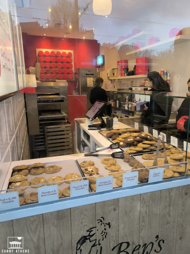 The storefront of Ben’s Cookies, showcasing a selection of delicious cookies.