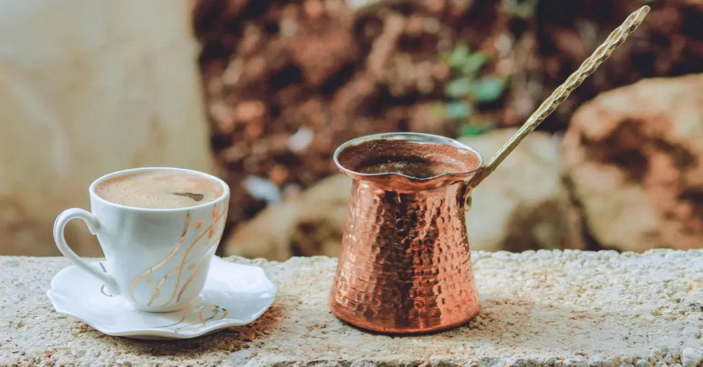 Traditional Greek coffee served in a briki pot.