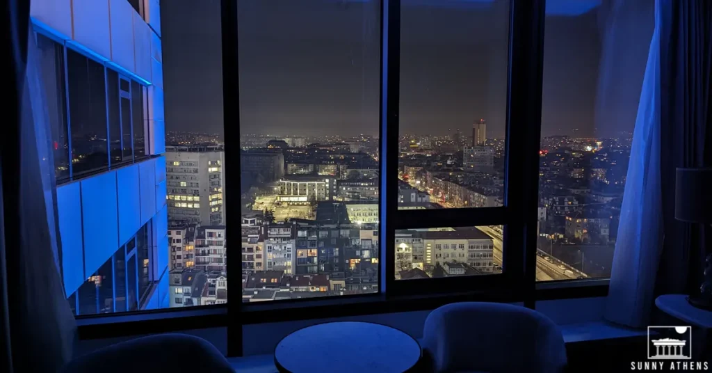 Sofia in 2 days: Night view of Sofia through the large windows of the Grand Hotel Millennium Sofia.