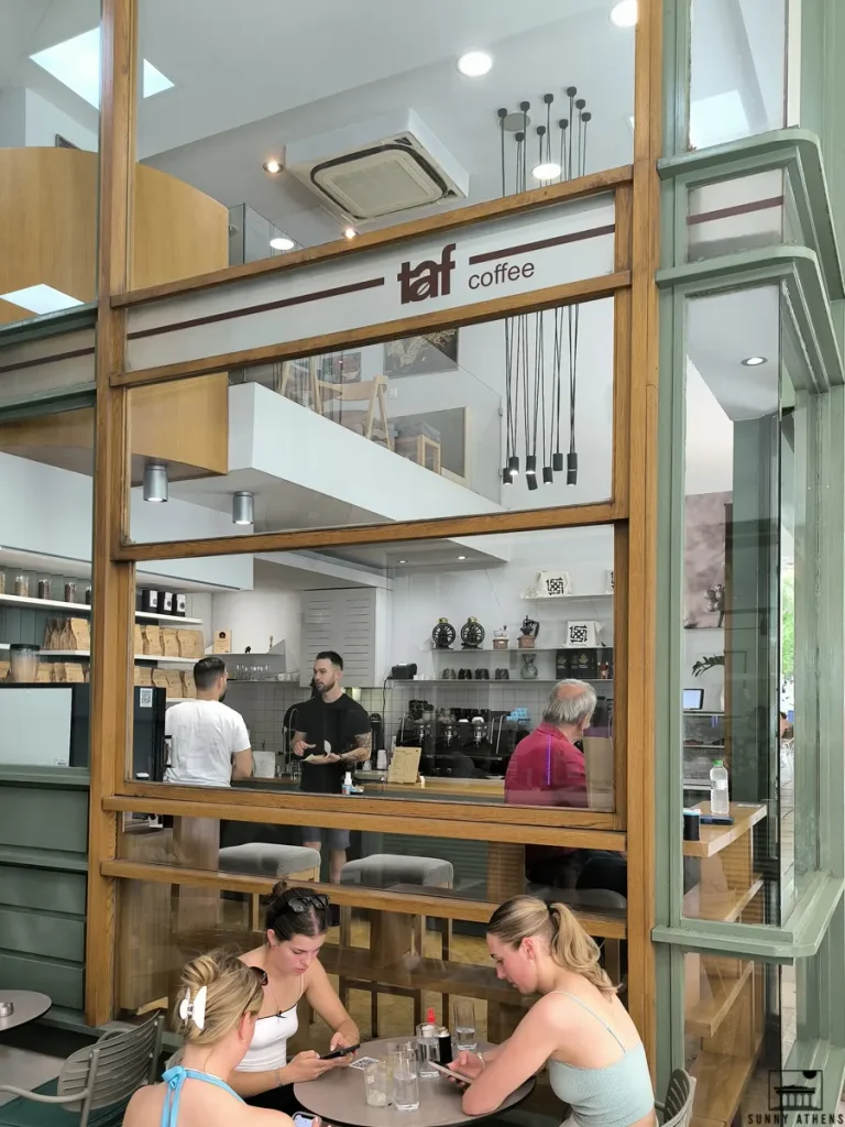 Stylish interior of Taf Coffee, a must-visit spot near Omonia Station.