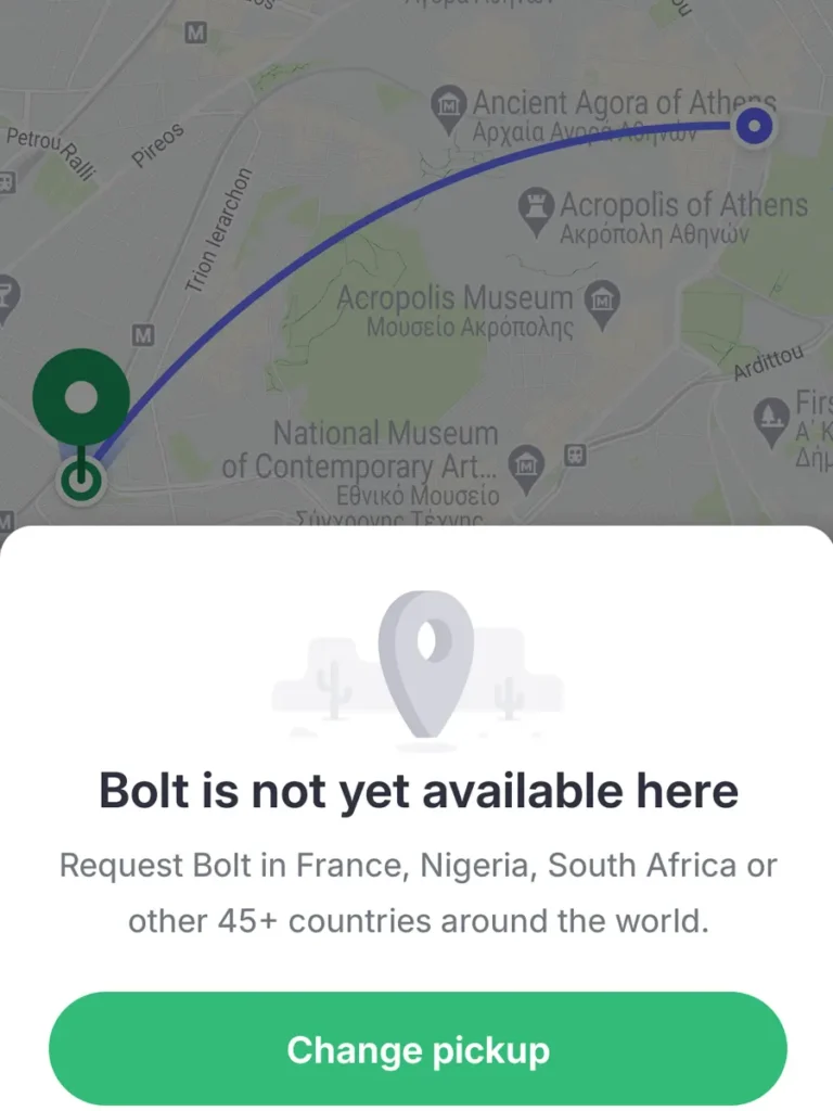 Screenshot of the Bolt App showing that is not yet available in Athens.