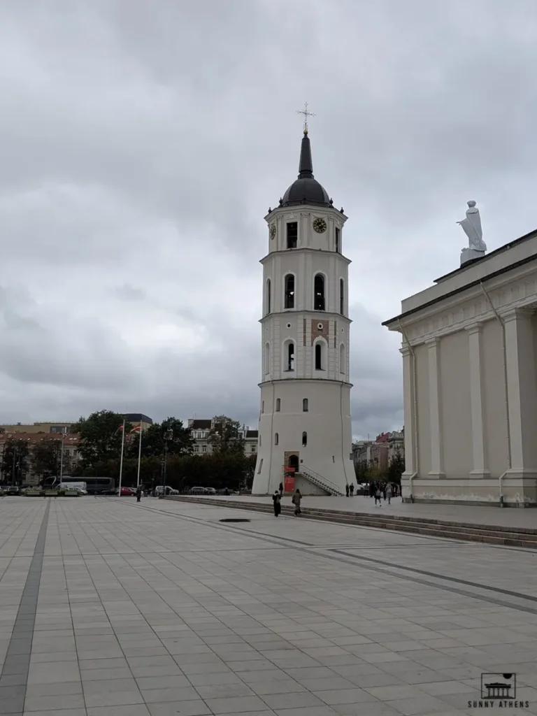 The Bell Tower of Vilnius Cathedral stands tall in Cathedral Square, an essential part of a 3 days Vilnius itinerary.