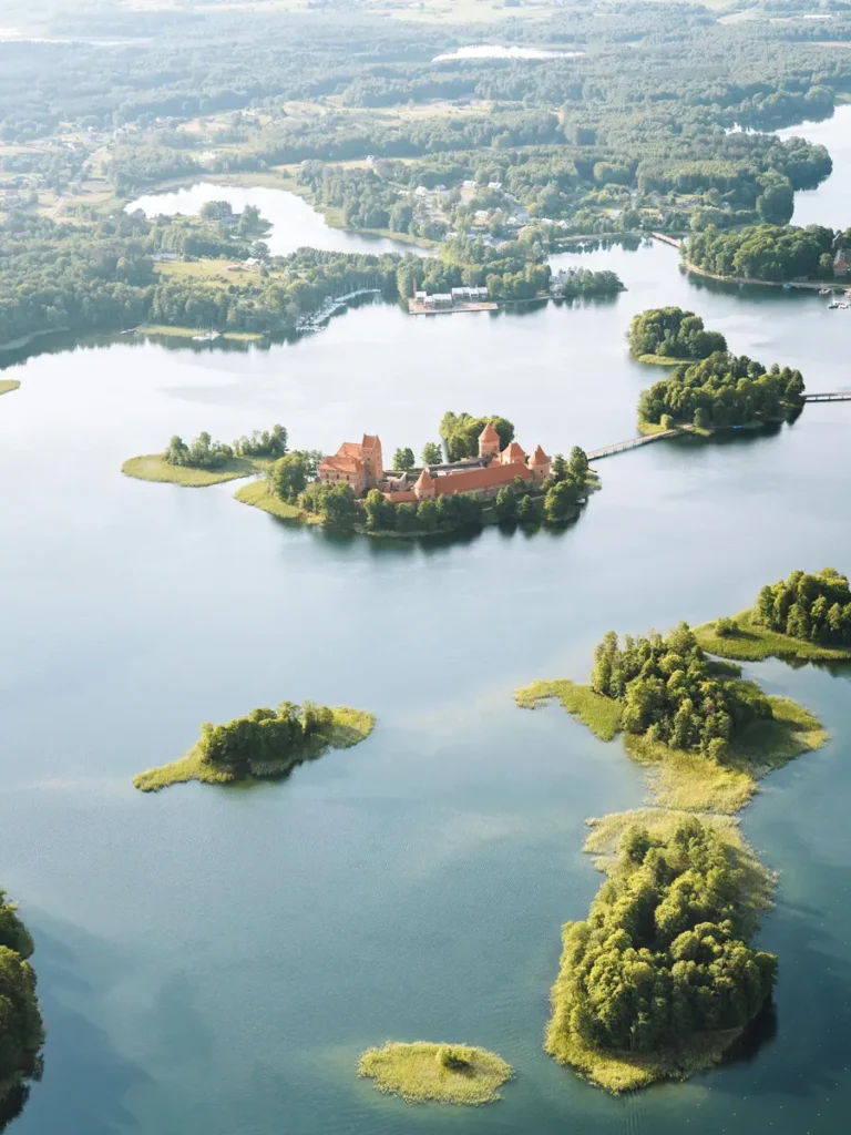 Spectacular aerial view of Trakai Island Castle and Lake Galve.