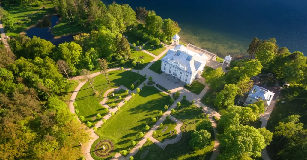 The elegant Uzutrakis Manor Estate surrounded by lush greenery next to Lake Galve.