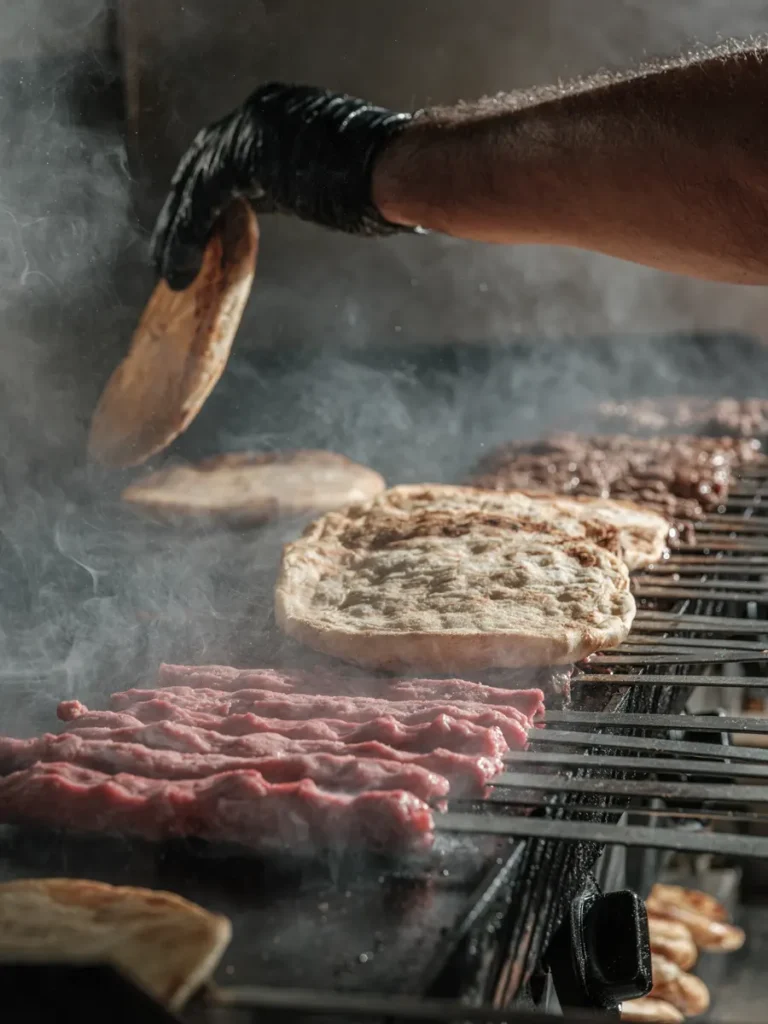 Close-up of fresh meat skewers and pita bread grilling over an open flame.