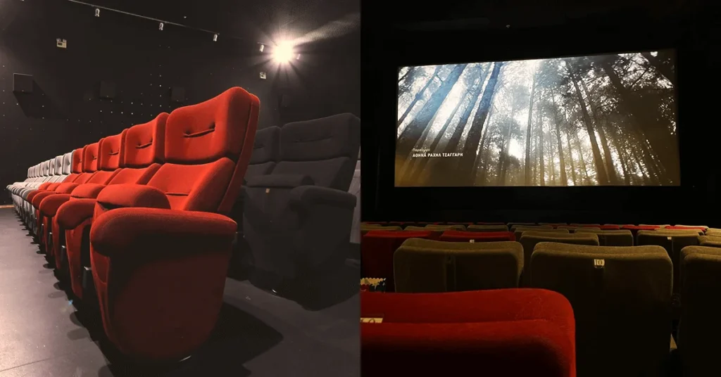 A collage of two views of the screening room of Mikrokosmos arthouse cinema: a low angle view of the seats on the left and a view of the screen over the seats on the right