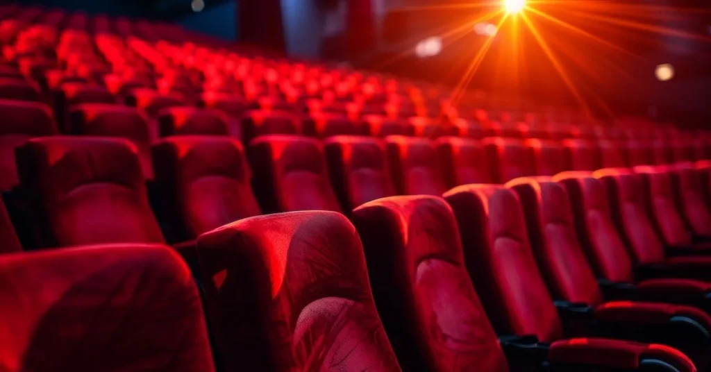 A generic close up view of red seats in a movie theater with a bright spotlight creating flares in the picture