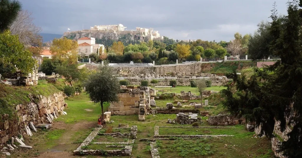 The archaeological site of Kerameikos Cemetary with the Acropolis on the background, a good spot to escape the crowds in Athens.