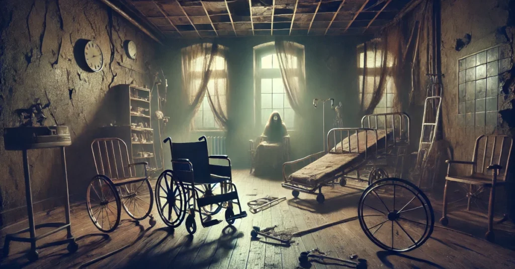 Best Horror Escape Rooms in Athens 2025: A decayed asylum escape room with broken wheelchairs, tattered curtains, and a ghostly figure in the background.