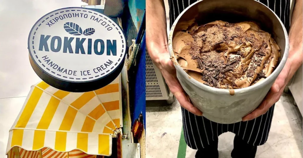 Combined photograph of Kokkion ice cream shop in Psiri, Athens, with the store sign and the yellow-white striped tent on the left and a person holding a bucket of chocolate ice cream on the right.