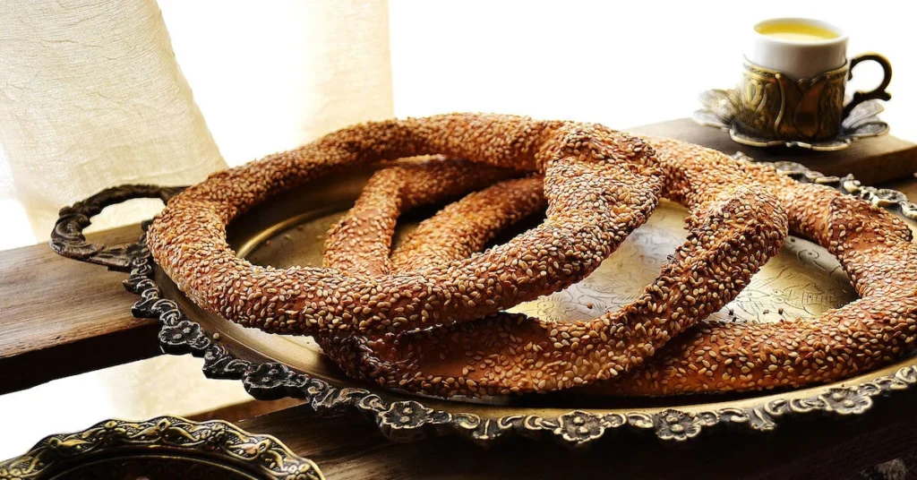 Three Salonica Koulouria on a traditional serving plate baked by To Koulouri tou Psiri bakery in Psiri, Athens.