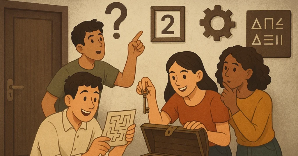 Best escape rooms in Athens: Four friends solving puzzles inside a themed escape room.