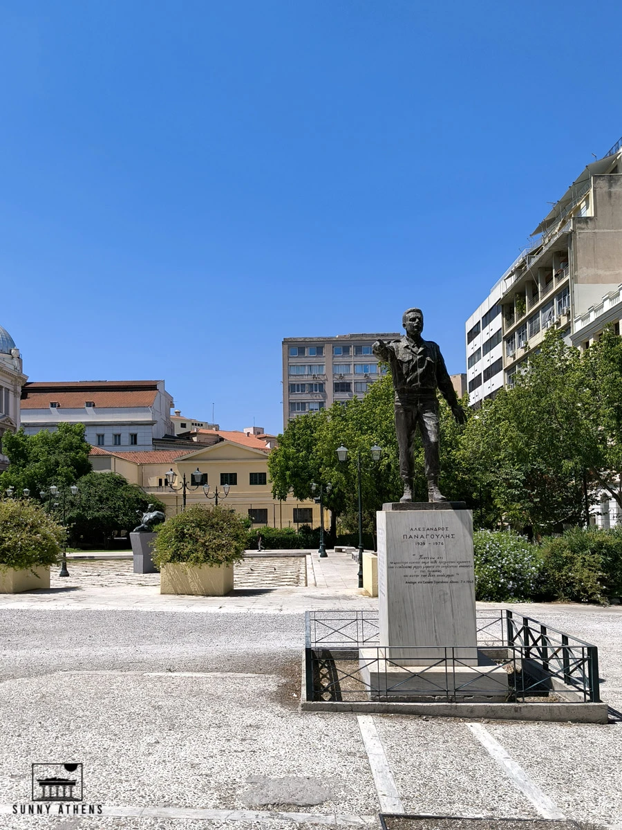 Statue of Alexandros Panagoulis in an open square in central Athens.