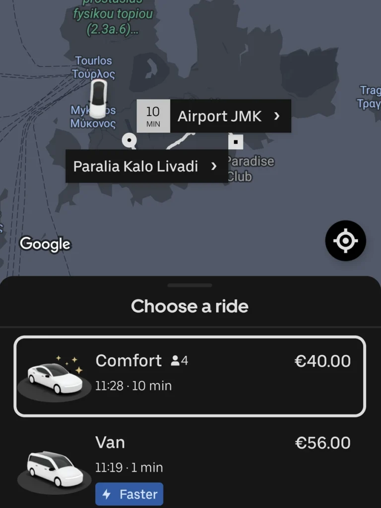 Screenshot of the Uber App showing the cost for a journey between Mykonos Airport and Paralia Kalo Livadi.