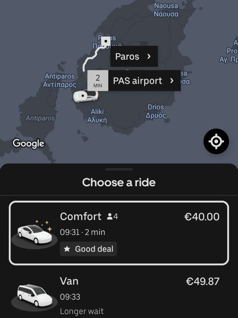 Screenshot of the Uber App showing the cost for a journey between Paros Airport and Paroikia.