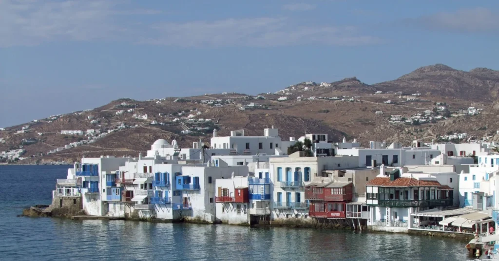 Seaside houses of Little Venice area in Mykonos Town (Chora) with colorful balconies over the water.
