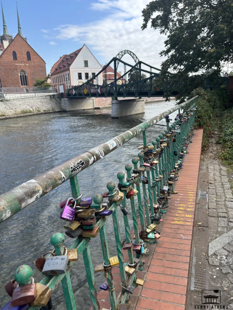 Love locks on Tumski Bridge over the Oder River.