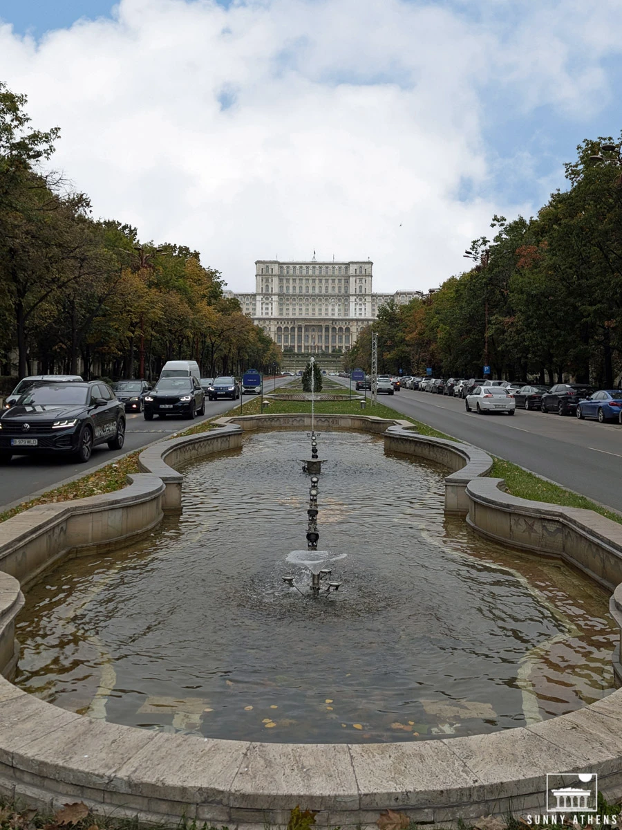 The view down Bulevardul Unirii toward the Palace of the Parliament.