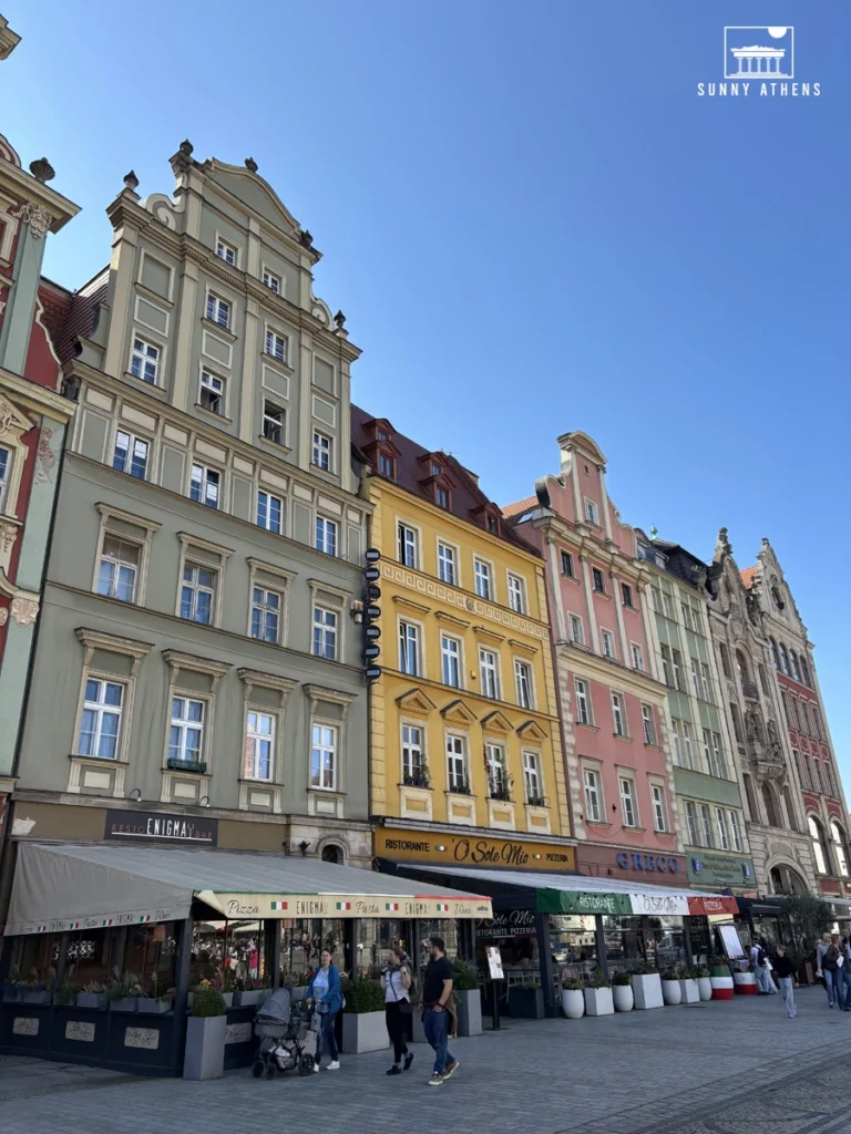 One day in Wroclaw Itinerary: colorful historic buildings and outdoor restaurants at Wroclaw’s Market Square (Rynek).