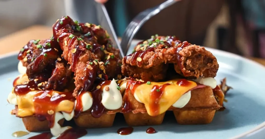 a close up of a waffle with breaded chicken on top