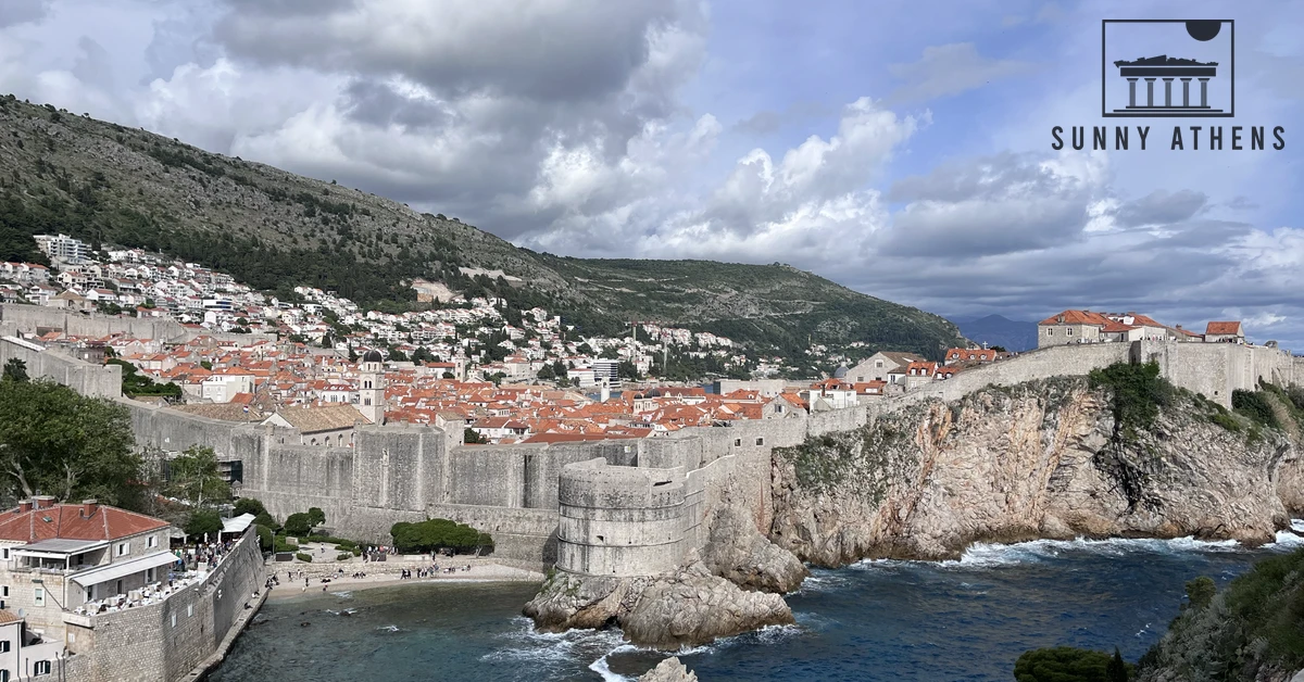 Landscape view from Fort Lovrijenac looking over West Harbour, Bokar Fortress, and the medieval City Walls in Dubrovnik
