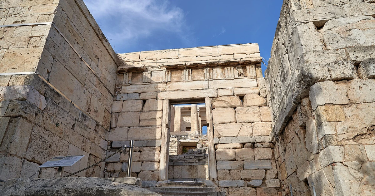 The ancient stone Beule Gate entrance leading up to the Acropolis Propylaea in Athens