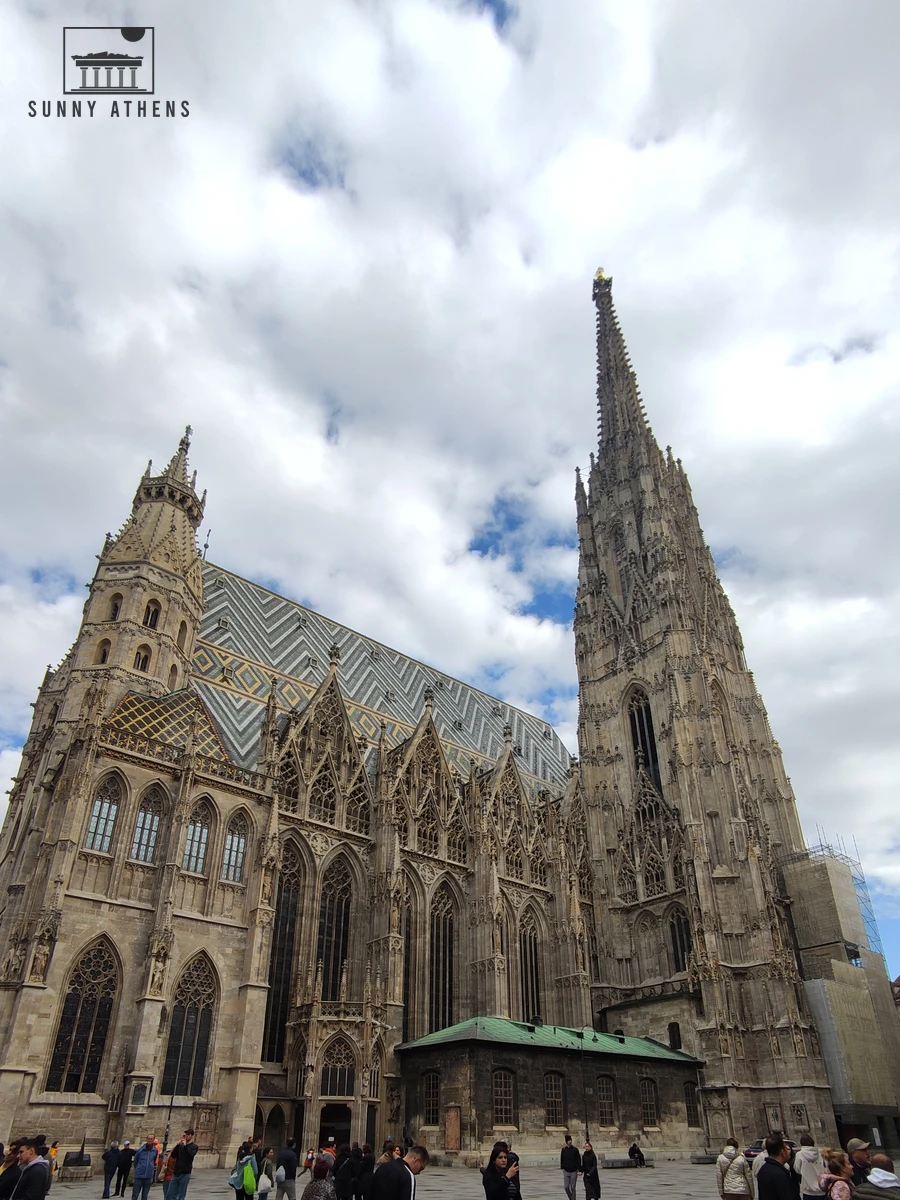 The colorful patterned tiled roof of St. Stephen's Cathedral in Vienna