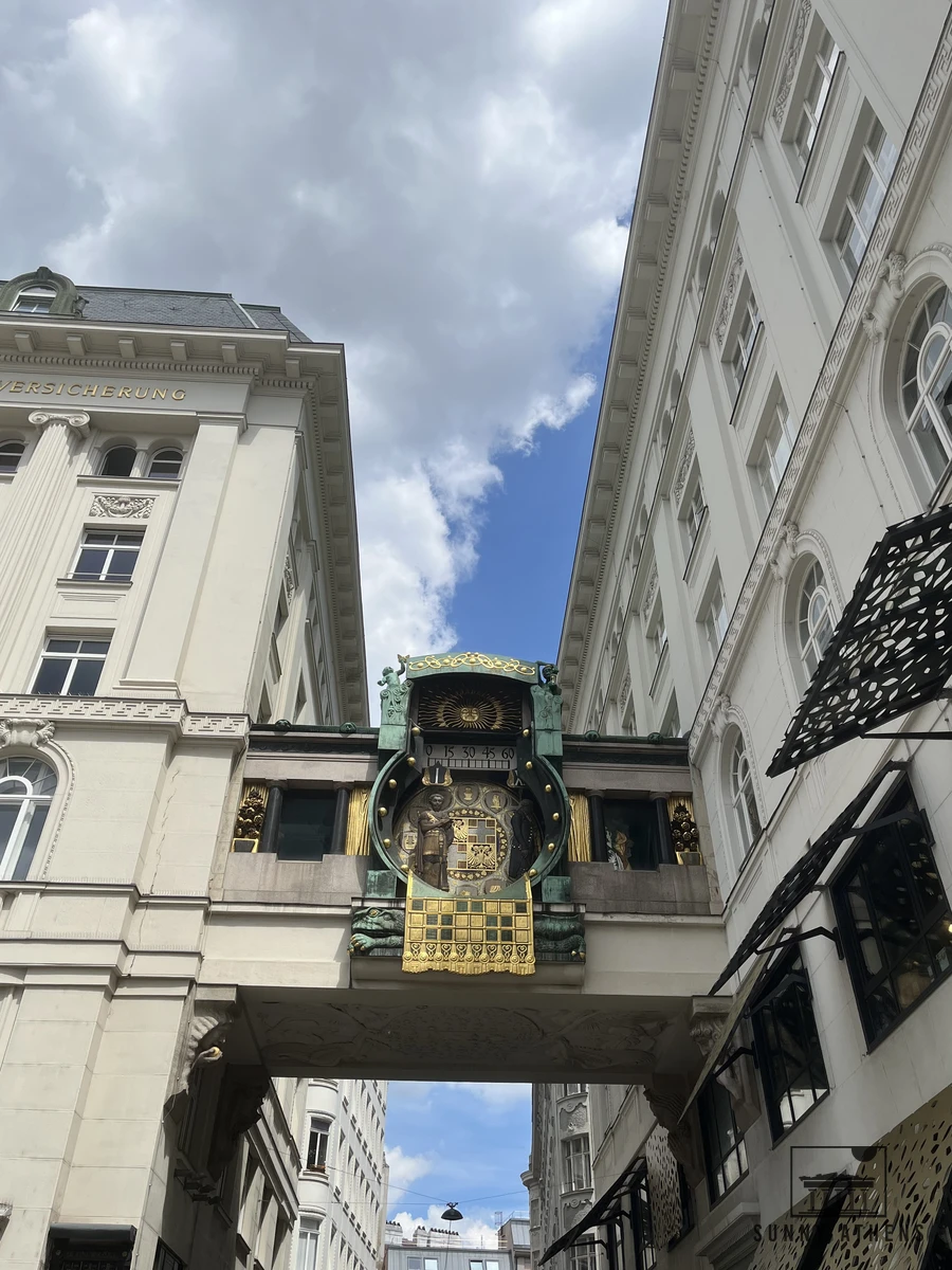 The famous Art Nouveau Anker Clock (Ankeruhr) bridging two buildings at Hoher Markt square in Vienna