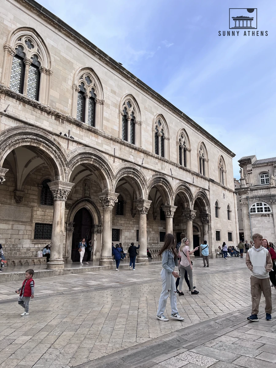 The Gothic and Renaissance stone arcades, carved capitals, and front facade of the historic Rector's Palace