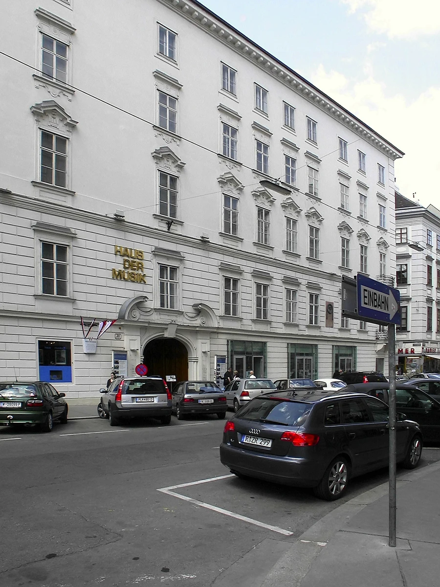Entrance courtyard and signage of the House of Music sound museum in Vienna