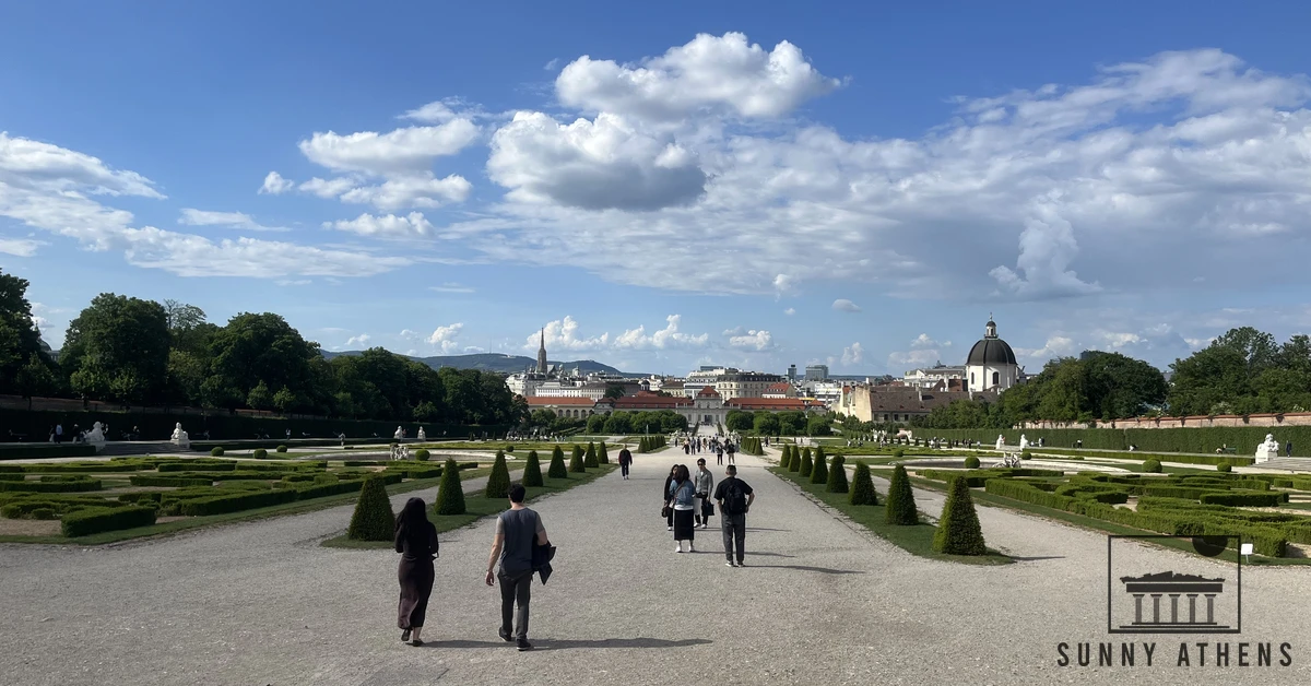 View over the terraced Belvedere Gardens towards central Vienna and St. Stephen's Cathedral