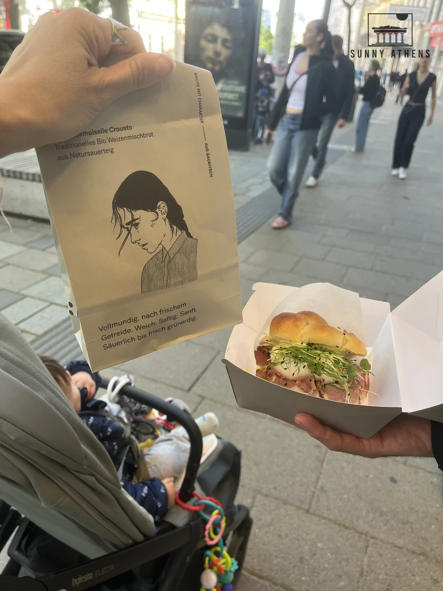 Fresh artisan bread and a gourmet sandwich from Öfferl bakery in Vienna