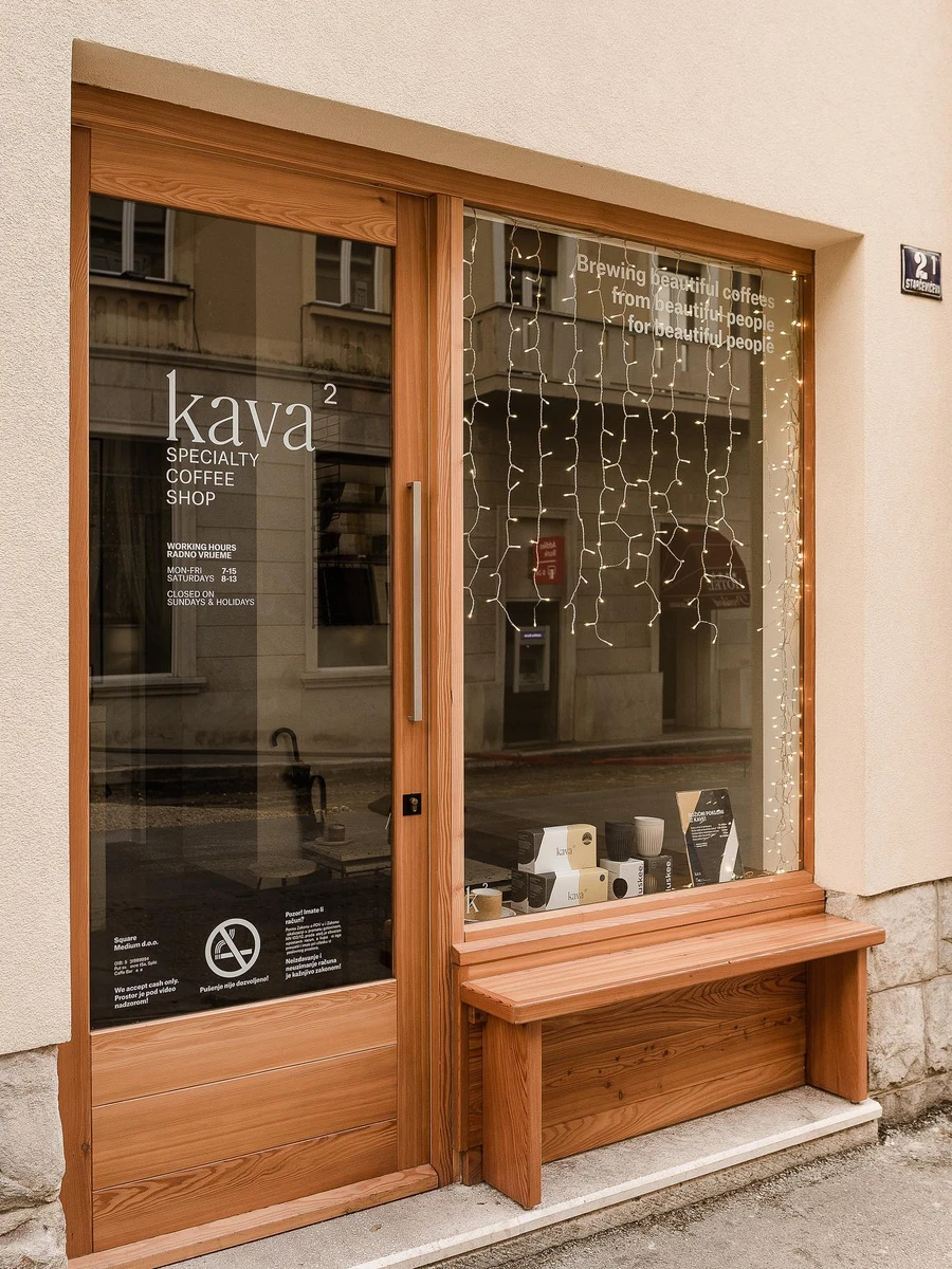 Wooden entrance and window seat of kava2 specialty coffee shop