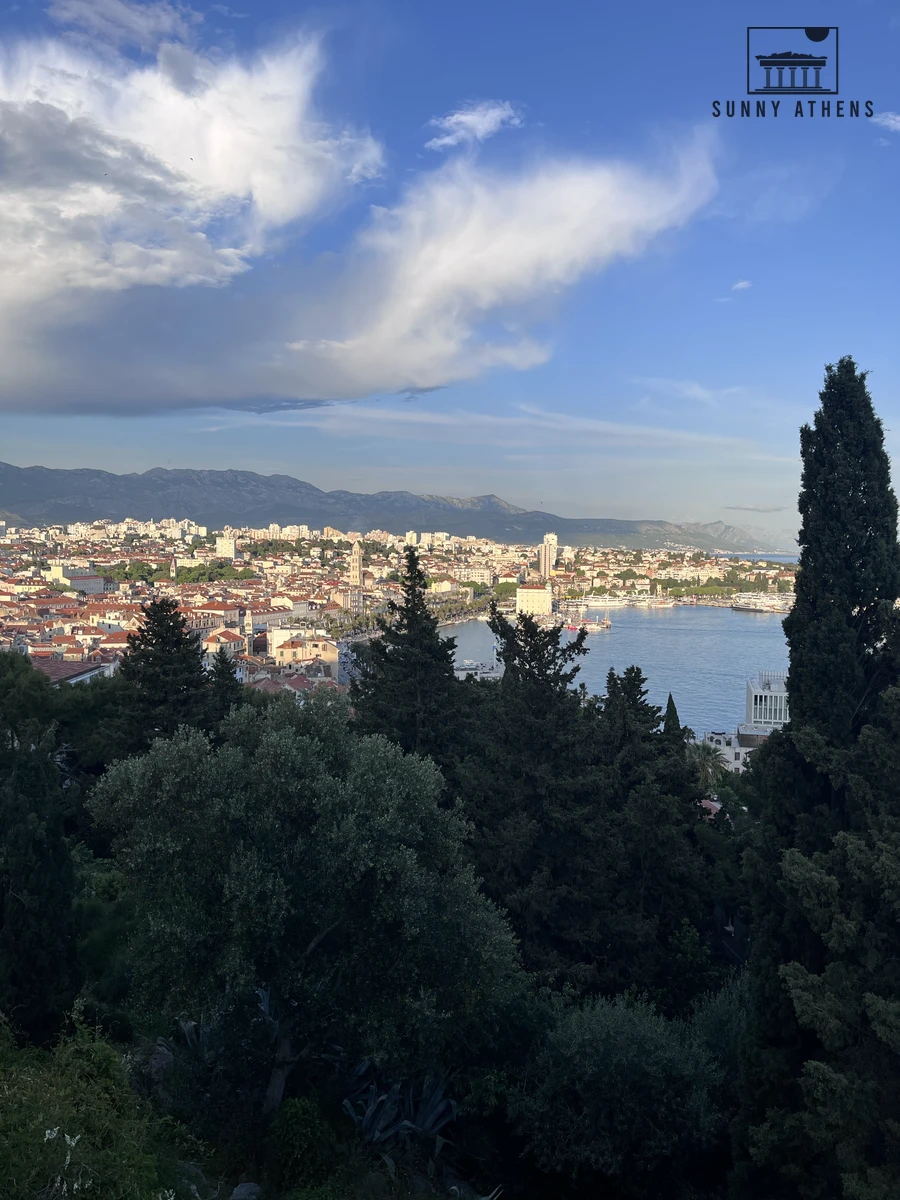 High viewpoint from Marjan Hill looking out over the red roofs of Split and the Adriatic coast