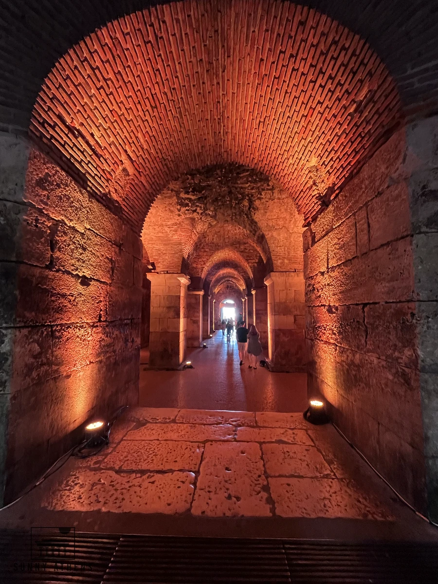 Ancient Roman arched brick vaults and stone pillars inside the substructures of Diocletian's Palace in Split