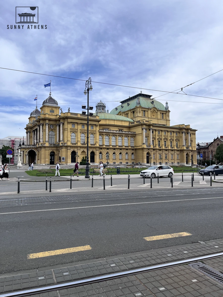 Yellow Neo-Baroque facade of the Croatian National Theatre building on Republic of Croatia Square