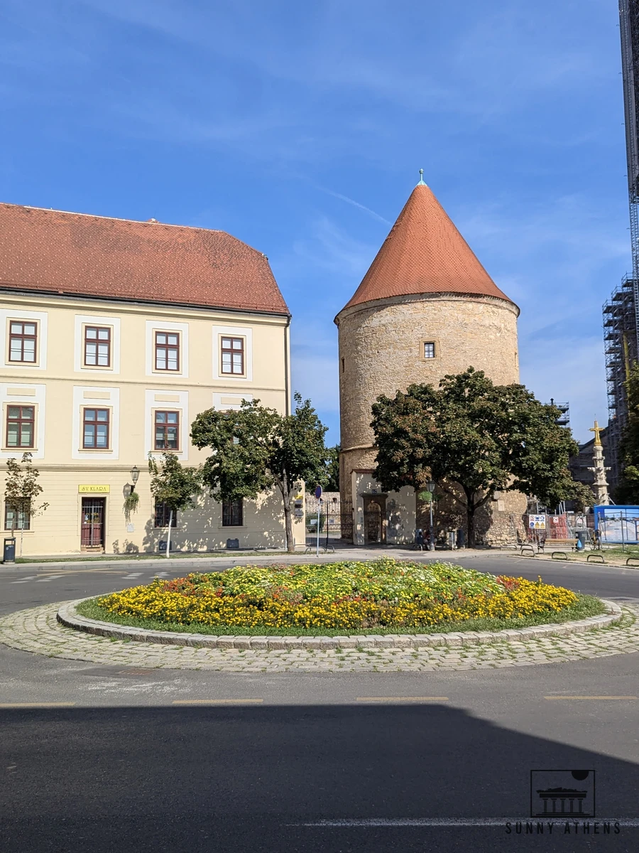 Round 16th-century stone fortification tower in Kaptol with Zagreb Cathedral spires in the background