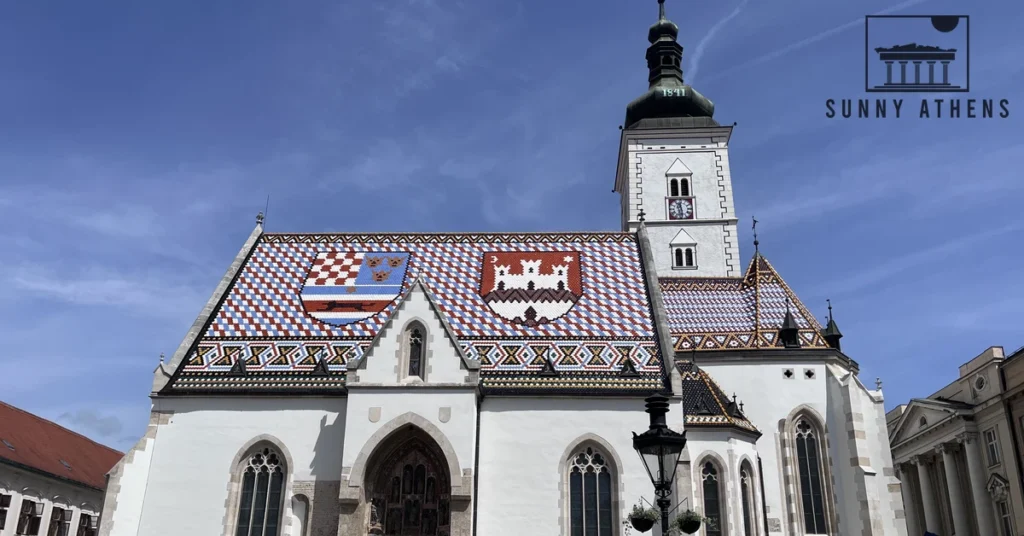 St. Mark's Church with its colorful tiled roof and historic coats of arms in Zagreb Upper Town
