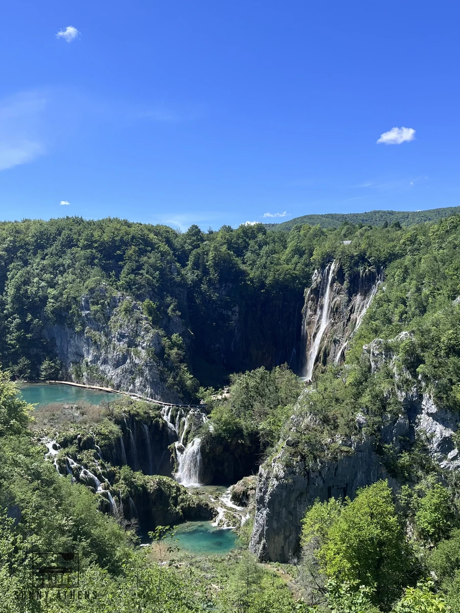 View from Entrance 1 looking down into the Lower Lakes canyon and waterfalls in Plitvice Lakes